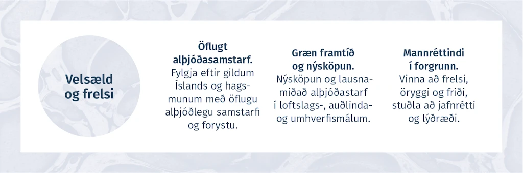 VELSÆLD OG FRELSI  -  Öflugt alþjóðasamstarf. Fylgja eftir gildum Íslands og hagsmunum með öflugu alþjóðlegu samstarfi og forystu. Græn framtíð og nýsköpun. Nýsköpun og lausnamiðað alþjóðastarf í loftslags-, auðlinda- og umhverfis¬málum. Mannréttindi í forgrunn. Vinna að frelsi, öryggi og friði, stuðla að jafnrétti og lýðræði. 