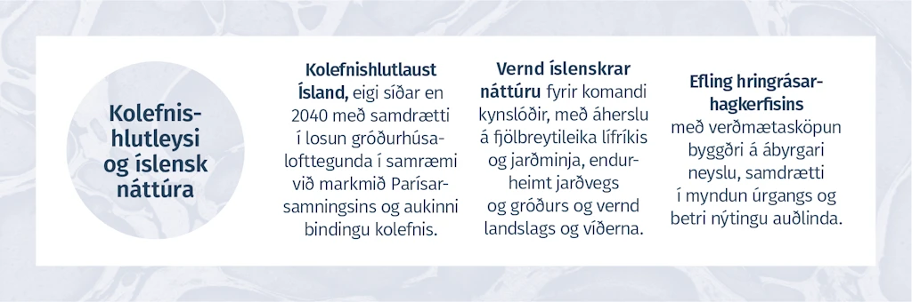 KOLEFNIS-HLUTLEYSI OG ÍSLENSK NÁTTÚRA  -  Kolefnishlutlaust Ísland, eigi síðar en 2040 með samdrætti í losun gróðurhúsa-lofttegunda í sam-ræmi við markmið Parísarsamningsins og aukinni bindingu kolefnis. Vernd íslenskrar náttúru fyrir komandi kyn-slóðir, með áherslu á fjölbreytileika lífríkis og jarðminja, endur-heimt jarðvegs og gróðurs og vernd landslags og víðerna. Efling hringrásar-hagkerfisins með verðmætasköpun byggðri á ábyrgari neyslu, samdrætti í myndun úrgangs og betri nýtingu auðlinda.