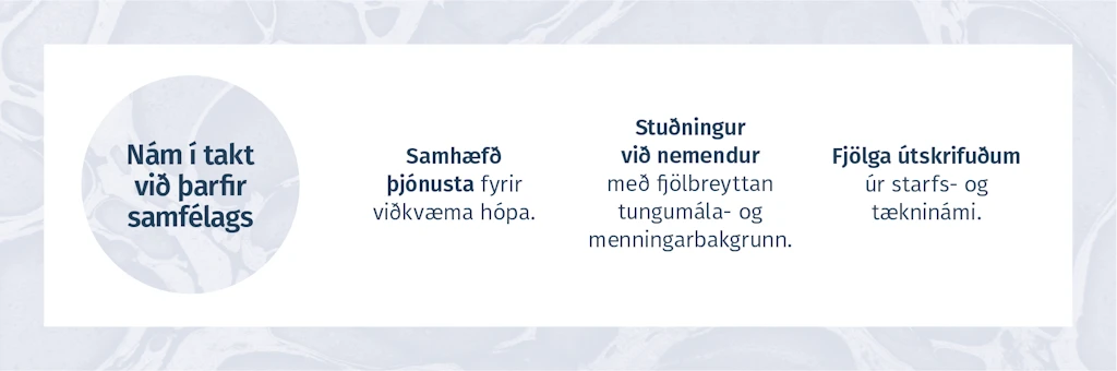 NÁM Í TAKT VIÐ ÞARFIR SAMFÉLAGS  -  Samhæfð þjónusta fyrir viðkvæma hópa	Stuðningur við nemendur með fjölbreyttan tungumála- og menningarbakgrunn	Fjölga útskrifuðum úr starfs- og tækninámi
