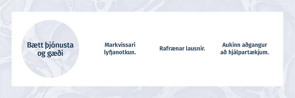 BÆTT ÞJÓNUSTA OG GÆÐI  -  Markvissari lyfjanotkun. Rafrænar lausnir. Aukinn aðgangur að hjálpartækjum.