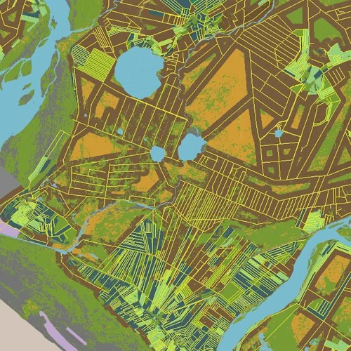 Vefsjáin gerir kleift að sjá þekju mismunandi landflokka. Á meðfylgjandi mynd má skurðaþekju á Suðurlandi á svæðinu milli Þjórsár og Hólsár. Brúnu svæðin sýna það votlendi sem hefur verið raskað með skurðagreftri.