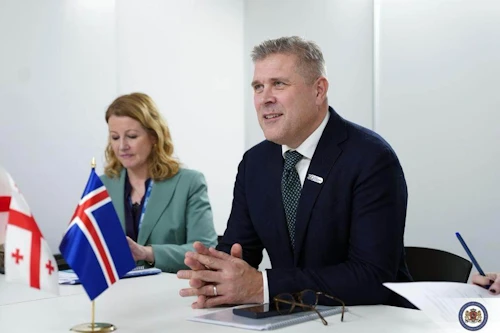 Bjarni Benediktsson utanríkisráðherra og Helga Hauksdóttir fastafulltrúi Íslands hjá ÖSE á tvíhliða fundi með Ilia Darciashvili, utanríkisráðherra Georgíu.