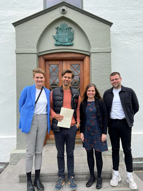Gréta Kristín Ómarsdóttir, leikstjóri og höfundur, Bjarni Snæbjörnsson, leikari og höfundur, Katrín Jakobsdóttir forsætisráðherra og Hjalti Vigfússon verkefnastjóri.