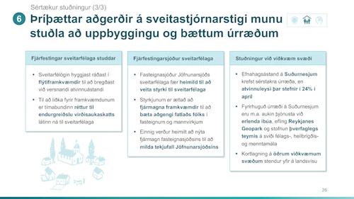 Þríþættar aðgerðir á sveitarstjórnarstigi munu stuðla að uppbyggingu og bættum úrræðum.