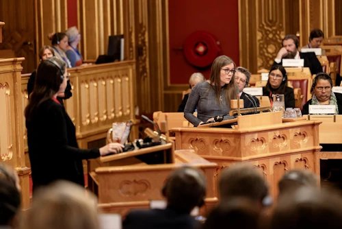 Katrín Jakobsdóttir forsætisráðherra í ræðustól á þingi Norðurlandaráðs í Osló.