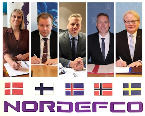Trine Bramsen, varnarmálaráðherra Danmerkur, Antti Kaikkonen, varnarmálaráðherra Finnlands, Guðlaugur Þór Þórðarson, utanríkis- og þróunarsamvinnuráðherra, Frank Bakke-Jensen, varnarmálaráðherra Noregs, og Peter Hultqvist, varnarmálaráðherra Svíþjóðar, á fundinum í dag.
