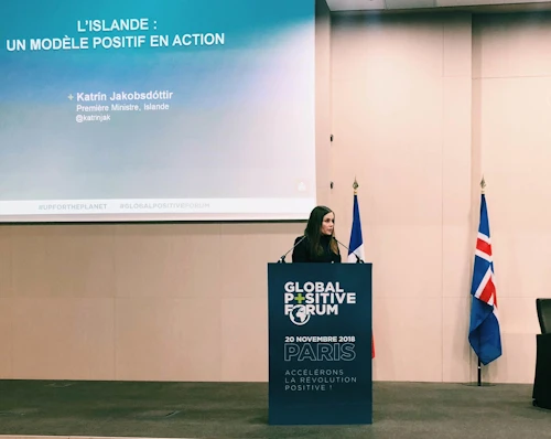 Katrín Jakobsdóttir, forsætisráðherra, flytur ávarp á Global Positive Forum í París