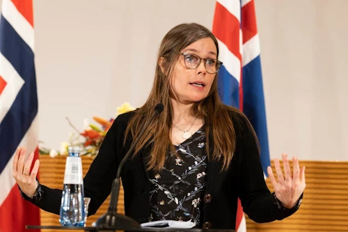 Katrín Jakobsdóttir forsætisráðherra á blaðamannafundi norrænu forsætisráðherranna. Mynd/norden.org
