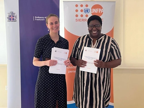 Pálína B. Matthíasdóttir deildarstjóri tvíhliða þróunarsamvinnu í utanríkisráðuneytinu og Sibeso Mululuma starfandi forstöðumaður UNFPA í Síerra Leóne.
