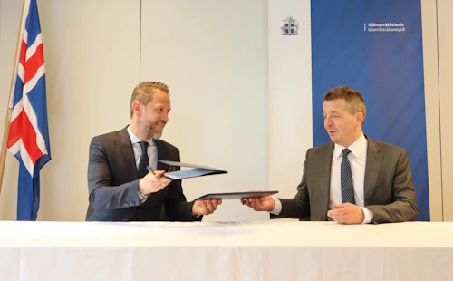 Guðlaugur Þór Þórðarson utanríkis- og þróunarsamvinnuráðherra og Baldvin Björn Haraldsson, formaður Alþjóða viðskiptaráðanna innan vébanda Viðskiptaráðs Íslands