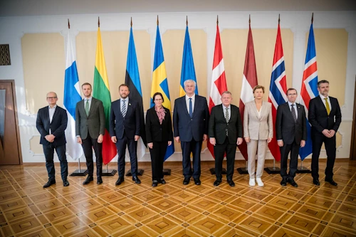 Pasi Rajala, aðstoðarutanríkisráðherra Finnlands, Gabrielius Landsbergis, utanríkisráðherra Litháens, MargusTsahkna, utanríkisráðherra Eistlands, Maria Malmer Stenergard, utanríkisráðherra Svíþjóðar, Andrii Sybhia, utanríkisráðherra Úkraínu, Lars Løkke Rasmussen, utanríkisráðherra Danmerkur, Baiba Braže, utanríkisráðherra Lettlands, Espen Barth Eide, utanríkisráðherra Noregs, og Martin Eyjólfsson, ráðuneytisstjóri utanríkisráðuneytisins.