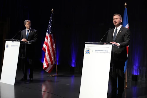 Antony Blinken og Guðlaugur Þór á fréttamannafundi í dag