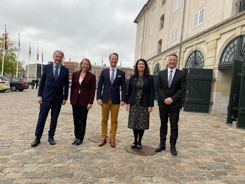 Pekka Haavisto, utanríkisráðherra Finnlands, Anniken Huitfeldt, utanríkisráðherra Noregs, Jeppe Kofod, utanríkisráðherra Danmerkur, Ann Linde, utanríkisráðherra Svíþjóðar ásamt Guðlaugi Þór Þórðarsyni, utanríkis- og þróunarsamvinnuráðherra, í Kaupmannahöfn.