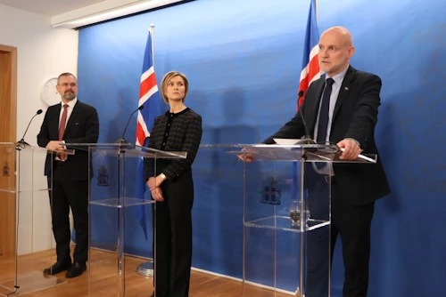 Frá kynningarfundi ríkisstjórnarinnar um samgönguáætlun og innviðafélag. Eyjólfur Ármannsson innviðaráðherra, Kristrún Frostadóttir forsætisráðherra og Daði Már Kristófersson fjármála- og efnahagsráðherra