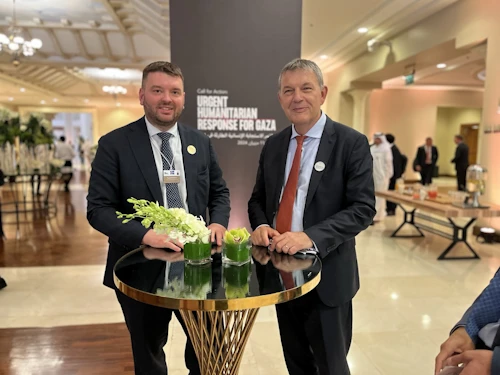 Ásmundur Einar Daðason, mennta- og barnamálaráðherra, ásamt Philippe Lazzarini framkvæmdastjóra Palestínuflóttamannaaðstoðar Sameinuðu þjóðanna (UNRWA). Tilkynnt var um aukið framlag Íslands til stofnunarinnar í dag.