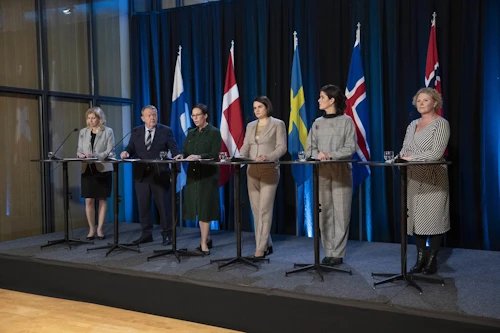 Frá sameiginlegum blaðamannafundi norrænu utanríkisráðherranna og Svetlönu Tsiakhnouskaya, leiðtoga stjórnarandstöðunnar í Belarús.