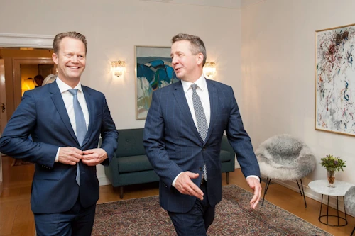 Jeppe Kofod, utanríkisráðherra Danmerkur, og Guðlaugur Þór Þórðarson, utanríkis- og þróunarsamvinnuráðherra, á Bessastöðum í fyrrakvöld.