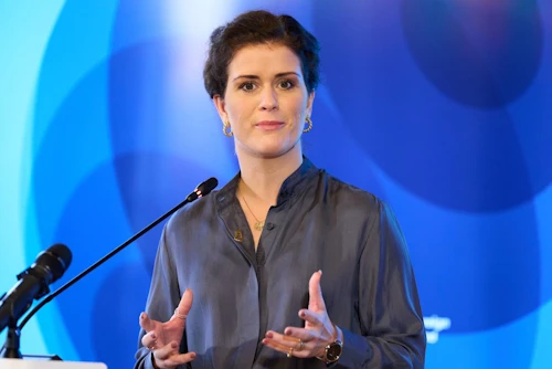 Þórdís Kolbrún á fréttamannafundinum í dag