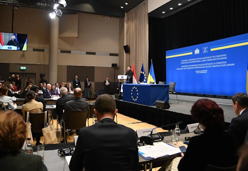 Volodómír Selenskí Úkraínuforseti ávarpaði ráðstefnuna.
