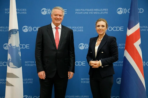 Mathias Cormann, framkvæmdastjóri OECD og María Mjöll Jónsdóttir, sendiherra og fastafulltrúi Íslands gagnvart stofnuninni