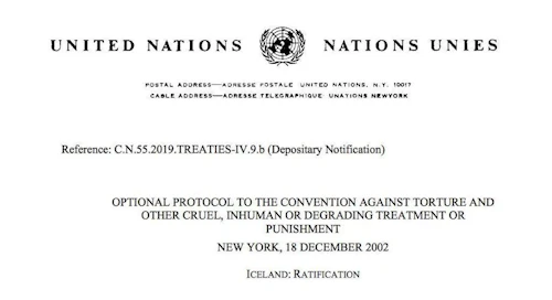 Yfirlýsing Sameinuðu þjóðanna um að Ísland hefði lokið fullgildingu OPCAT