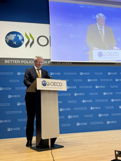 Mathias Cormann, framkvæmdastjóri OECD, ávarpaði gesti í upphafi viðburðarins.