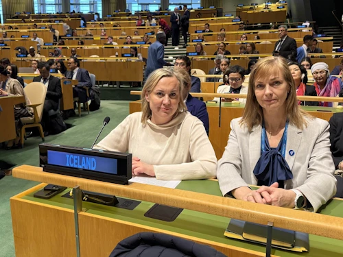 Þorbjörg S. Gunnlaugsdóttir dómsmálaráðherra ásamt Önnu Jóhannsdóttur fastafulltrúa Íslands gagnvart Sameinuðu þjóðunum í New York