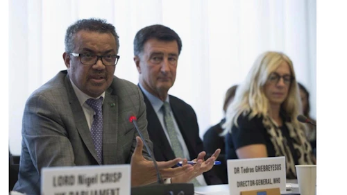 Dr. Tedros Adhanom Ghebreyesus aðalframkvædmastjóri WHO lengst til vinstri