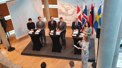 Frá vinstri: Ine Marie Eriksen Søreide, utanríkisráðherra Noregs, Jeppe Kofod, utanríkisráðherra Danmerkur, Heiko Maas, utanríkisráðherra Þýskalands, Guðlaugur Þór Þórðarson, Pekka Haavisto, utanríkisráðherra Finnlands og Ann Linde, utanríkisráðherra Svíþjóðar.