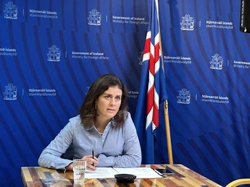 Þórdís Kolbrún Reykfjörð Gylfadóttir utanríkisráðherra ávarpar fund fastaráðs ÖSE.