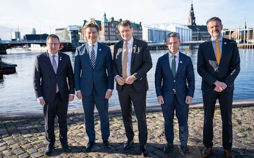 Bjørn Arild Gram, varnarmálaráðherra Noregs, Antti Häkkänen, varnarmálaráðherra Finnlands, Troels Lund Poelsen, varnarmálaráðherra Danmerkur, Pål Jonson, varnarmálaráðherra Svíþjóðar, og Martin Eyjólfsson ráðuneytisstjóri utanríkisráðuneytisins.
