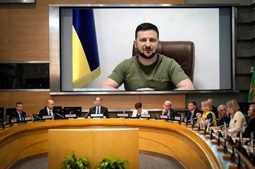Volodomír Zelenskí, forseti Úkraínu, ávarpaði fundinn í gegnum fjarfundabúnað