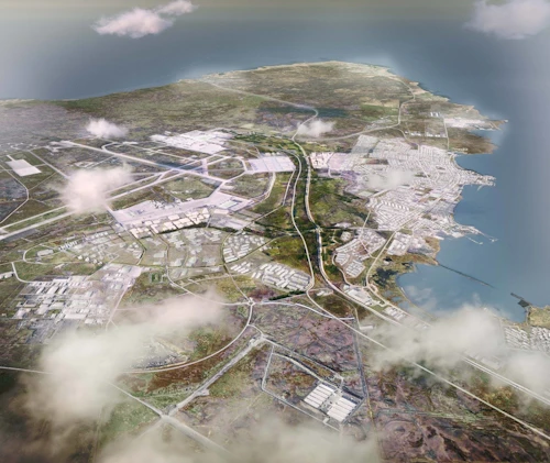 Svæðið umhverfis Keflavíkurflugvöll séð úr suðaustri