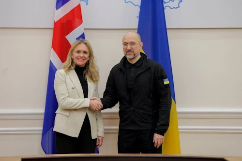 Þorgerður Katrín Gunnarsdóttir utanríkisráðherra og Denys Shmyhal forsætisráðherra Úkraínu.