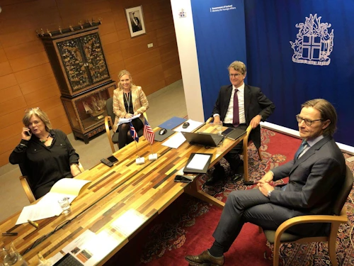 Frá efnahagssamráðinu í dag. Frá vinstri: Kristín A. Árnadóttir sendiherra, María Mjöll Jónsdóttir, skrifstofustjóri alþjóða- og þróunarsamvinnuskrifstofu, Nikulás Hannigan, skrifstofustjóri viðskiptaskrifstofu og Jón Erlingur Jónasson, skrifstofustjóri skrifstofu tvíhliða samstarfs og svæðisbundinna málefna