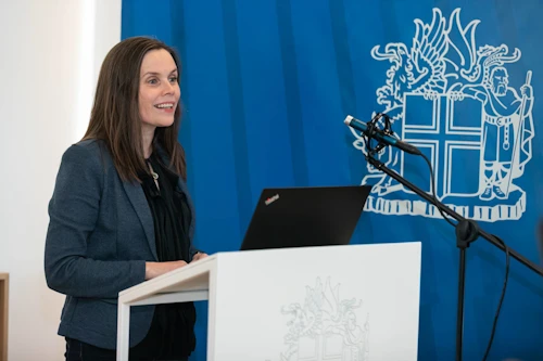 Katrín Jakobsdóttir forsætisráðherra á kynningarfundi um Aðgerðaáætlun í loftslagsmálum í dag. 