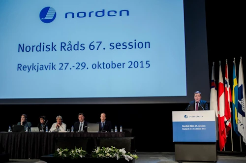 Sigmundur Davíð Gunnlaugsson forsætisráðherra heldur ræðu á Norðurlandaráðsþingi