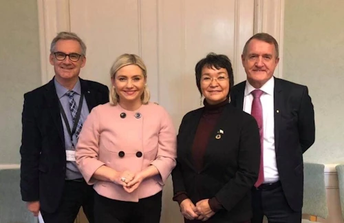 Guðjón S. Brjánsson formaður Vestnorræna ráðsins, Lilja Alfreðsdóttir mennta- og menningarmálaráðherra, Ane Lone Bagger menningarmálaráðherra Grænlands og Jenis af Rana menningarmálaráðherra Færeyja. 
