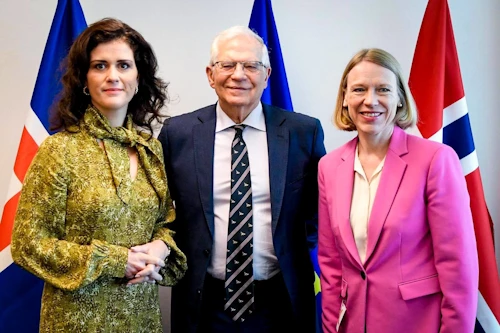 Þórdís Kolbrún Reykfjörð Gylfadóttir utanríkisráðherra ásamt Josep Borrell, utanríkismálastjóra Evrópusambandsins, og Anniken Huitfelt, utanríkisráðherra Noregs. 