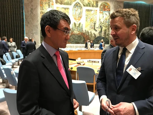 Utanríkisráðherrar Íslands og Japans, Taro Kono, á fundi öryggisráðsins