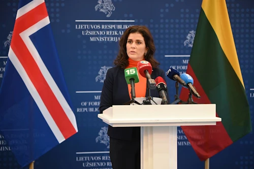 Þórdís Kolbrún Reykfjörð Gylfadóttir utanríkisráðherra og Gabrielius Landsbergis utanríkisráðherra Litháen héldu blaðamannafund að fundi sínum loknum.