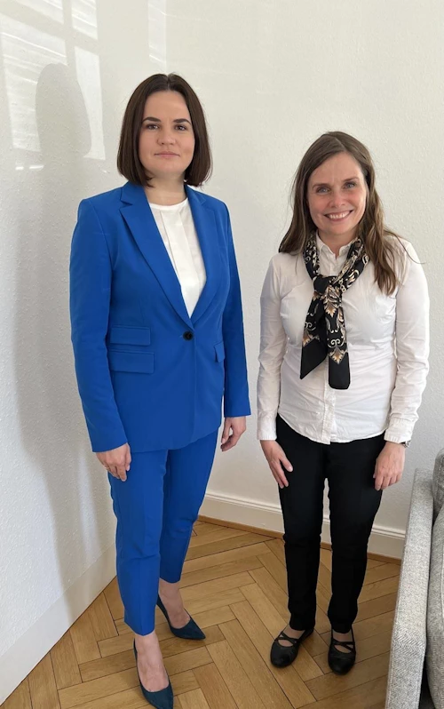 Katrín Jakobsdóttir forsætisráðherra og Sviatlana Tsikhanouskaya, leiðtogi stjórnarandstöðunnar í Belarús.