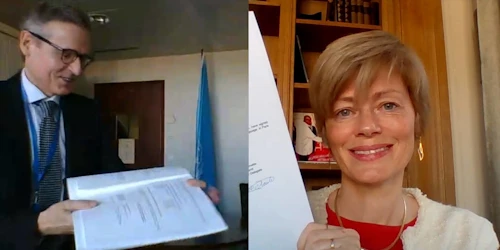 Jean-Yves Le Saux og Unnur Orradóttir-Ramette, sendiherra Íslands í París