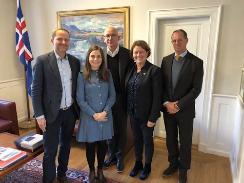 Atli Viðar Thorstensen, Katrín Jakobsdóttir, forsætisráðherra, Yves Daccord, framkvæmdastjóri ICRC, Kristín Hjálmtýsdóttir, framkvæmdastjóri RKÍ og Nicolas Roggo