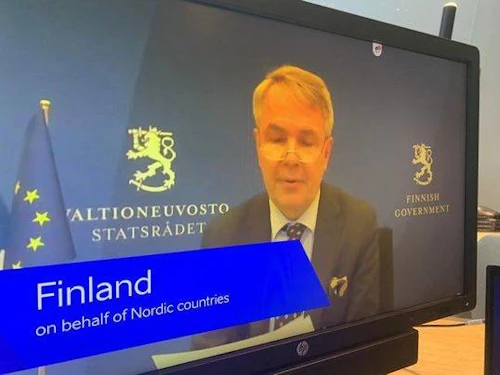 Pekkka Haavisto, utanríkisráðherra Finnland flutti ræðuna fyrir hönd Norðurlanda