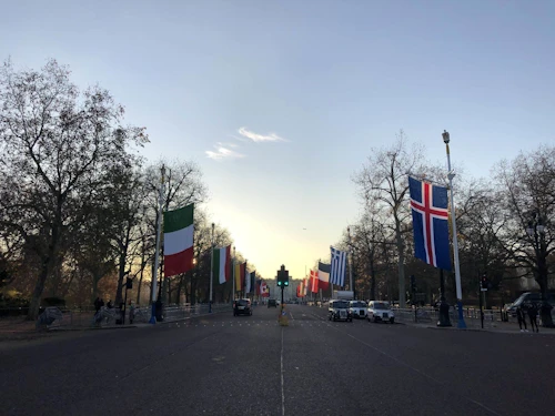 Fánar aðildarríkja Atlantshafsbandalagsins blöktu við hún á The Mall við Buckingham-höll í Lundúnum í gær 