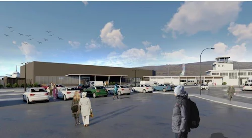 Teikning af nýrri viðbyggingu við flugstöðina á Akureyri