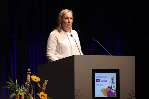 Þorbjörg Sigríður Gunnlaugsdóttir, dómsmálaráðherra og ráðherra jafnréttismála, setti jafnréttisþing 2025 í Hörpu.