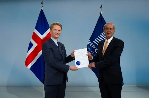 Harald Aspelund, fastafulltrúi Íslands gagnvart alþjóðastofnunum í Genf og Hasan Kleib, varaframkvæmdastjóri Alþjóðahugverkastofnunarinnar (WIPO). 