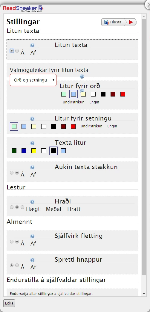 Stillingar á hlusta-takka